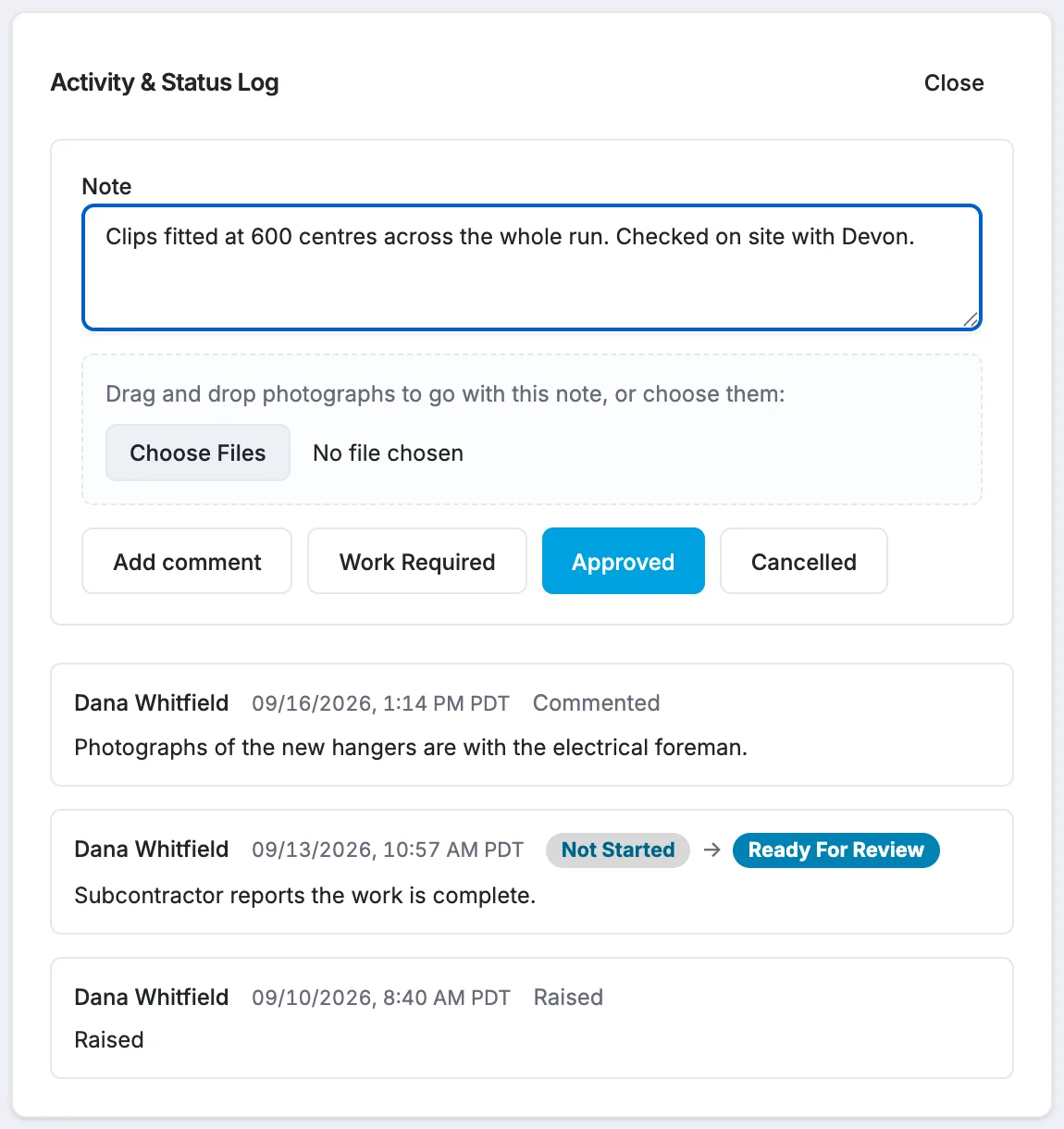 The comment box in the Activity & Status Log