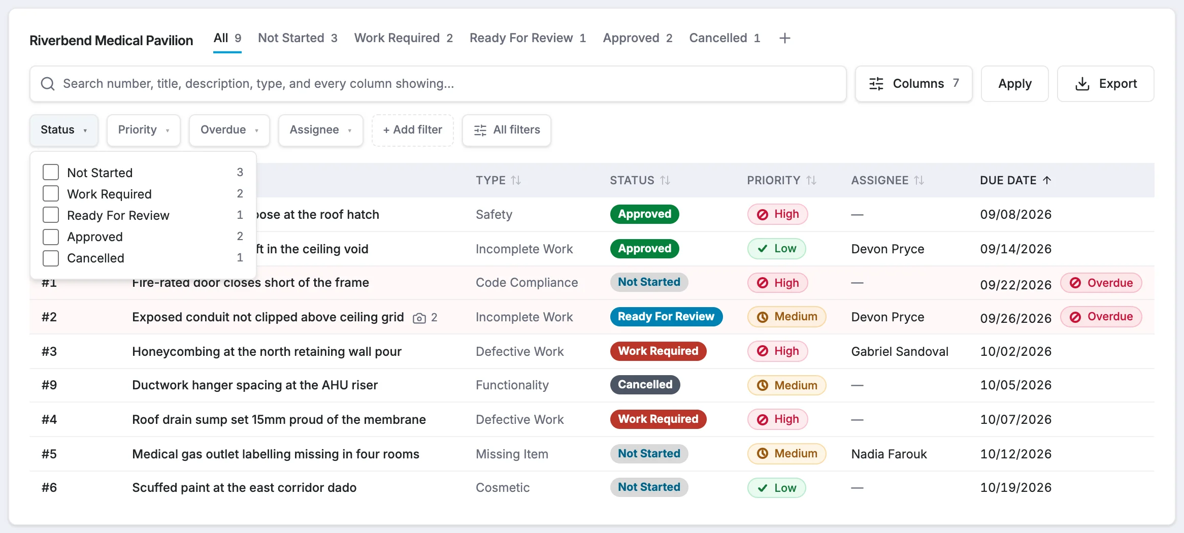 The Status filter
