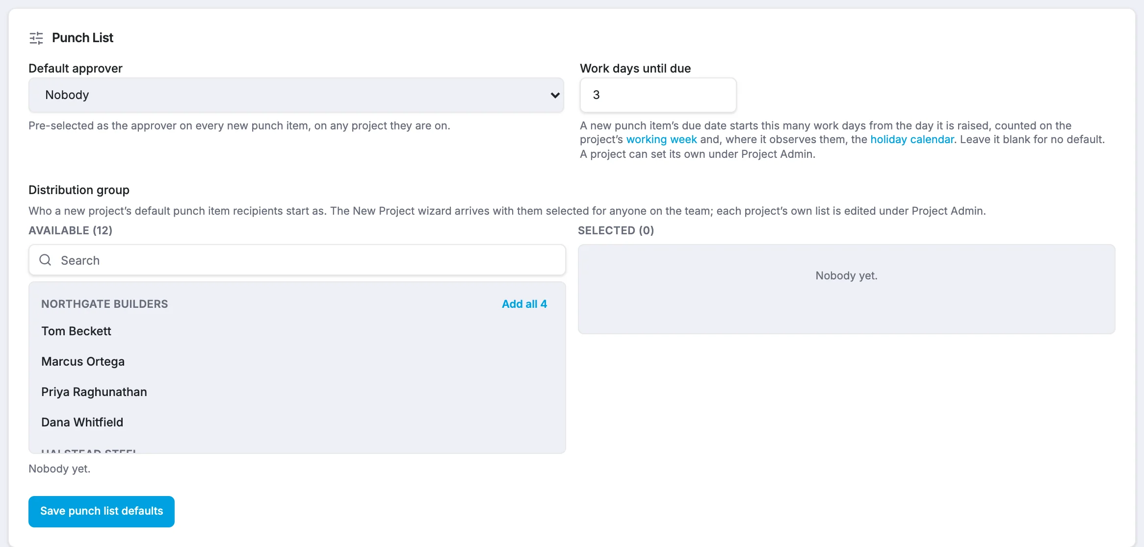 The Punch List card in Module defaults